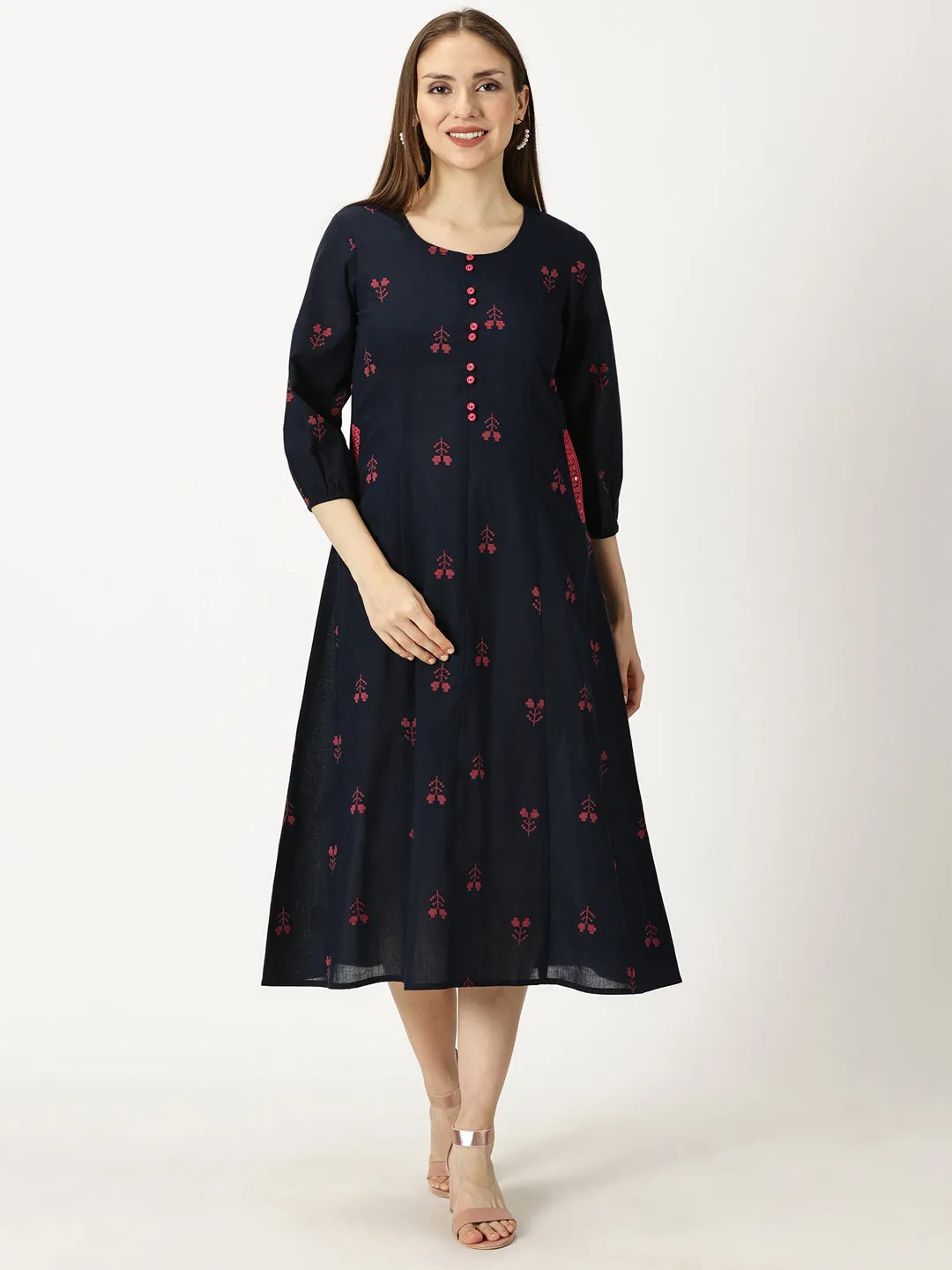 Navy Blue Princess Panelled Woven Cotton Dress