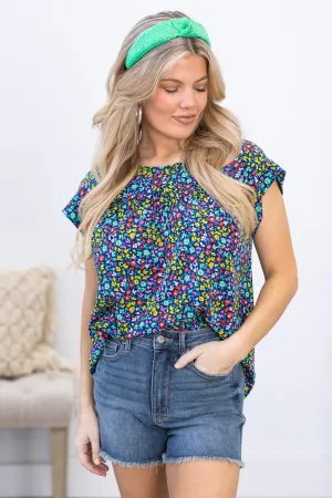Navy Ditsy Floral Dolman Sleeve Woven Top