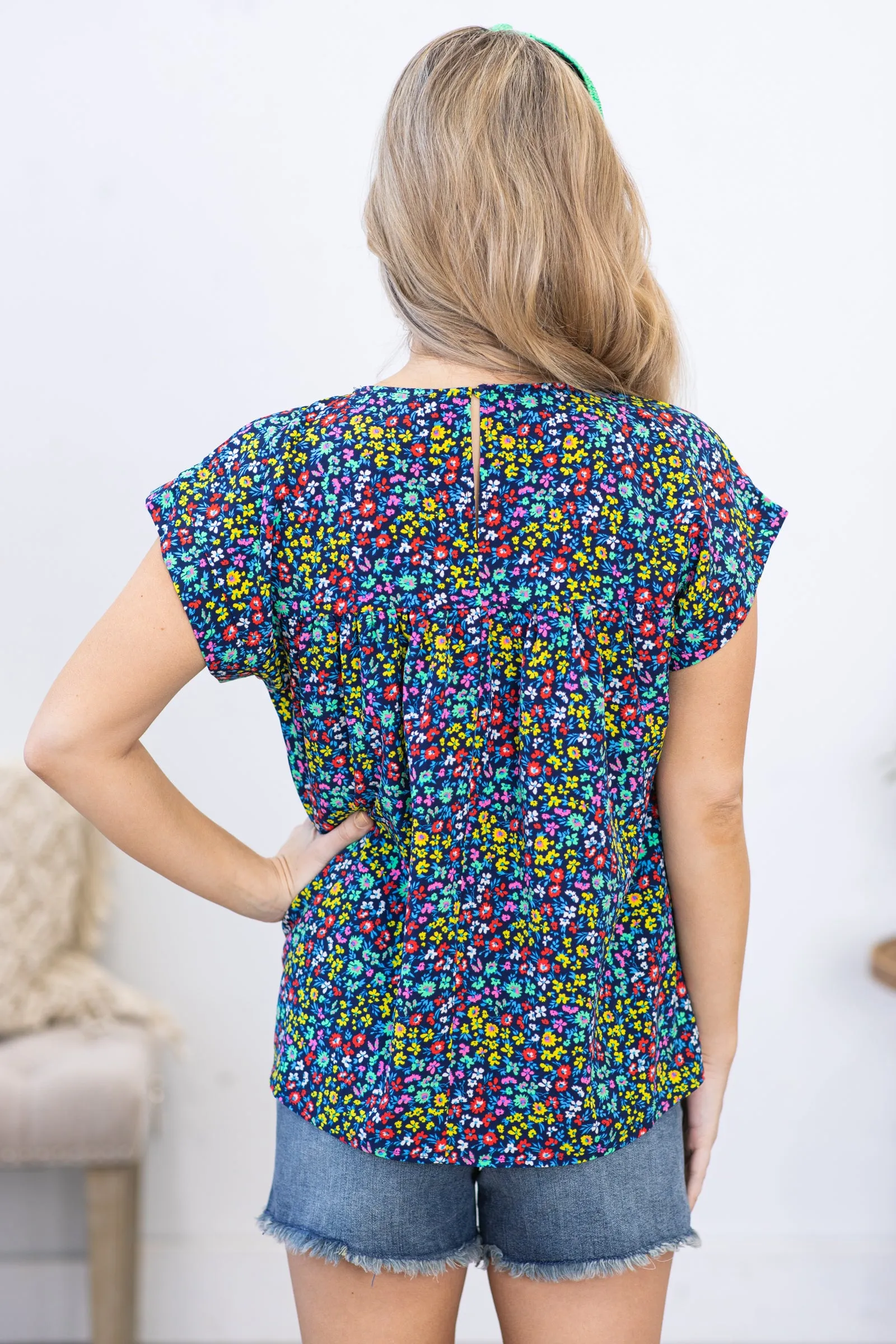 Navy Ditsy Floral Dolman Sleeve Woven Top