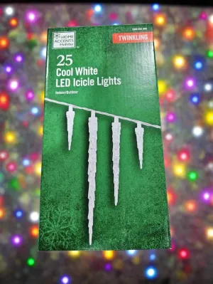 New Home Accents Holiday 25 Twinkling Cool White LED Icicle Lights
