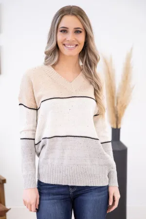 Oatmeal and Ivory Speckled Yarn V-Neck Sweater