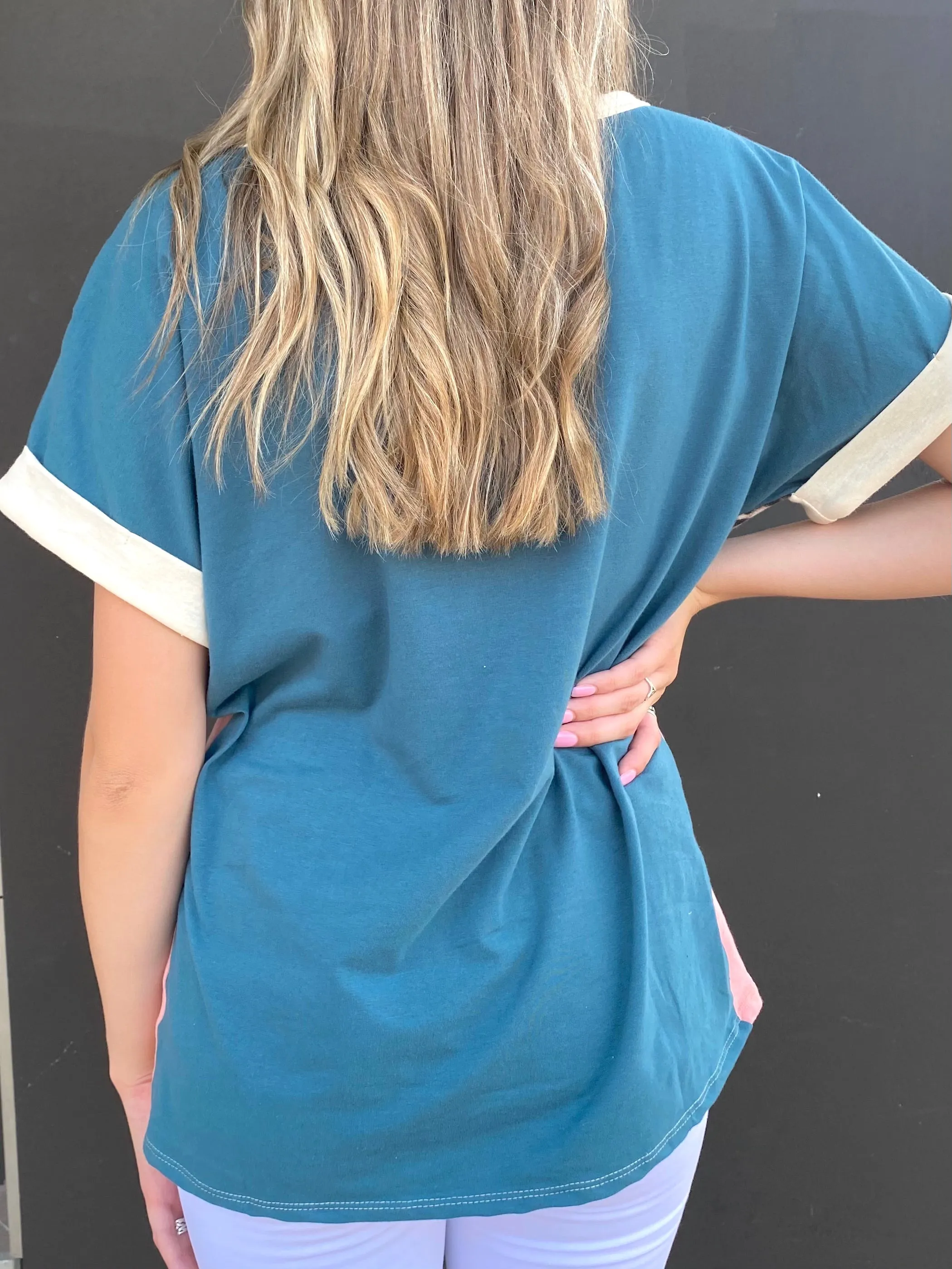 Out & About Top: Teal/Mauve mix