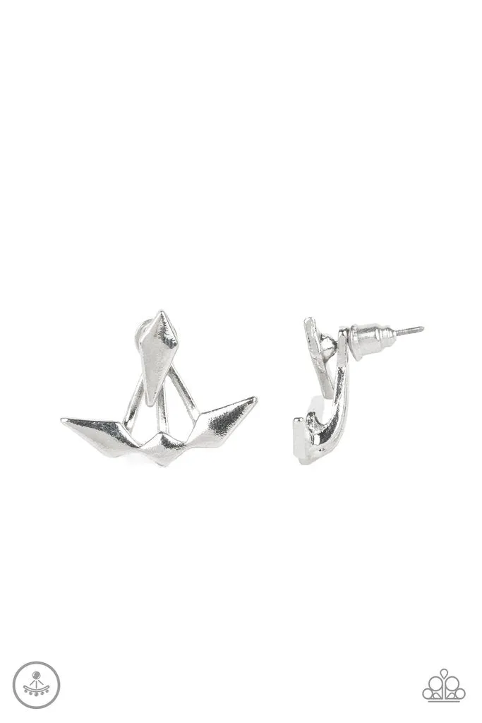 Paparazzi " Metal Origami " Silver Metal Kite Like Design Ear Jacket Earrings