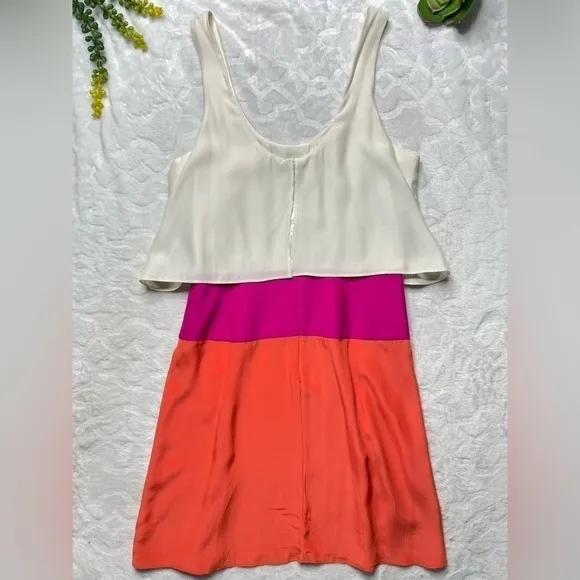 Parker Silk Colorblock Flounce Tiered Tank Mini Dress Cream Pink Orange Womens M