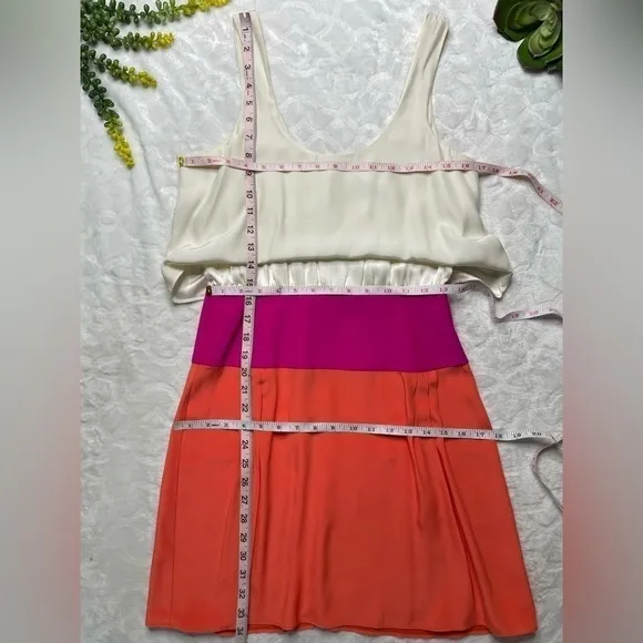 Parker Silk Colorblock Flounce Tiered Tank Mini Dress Cream Pink Orange Womens M