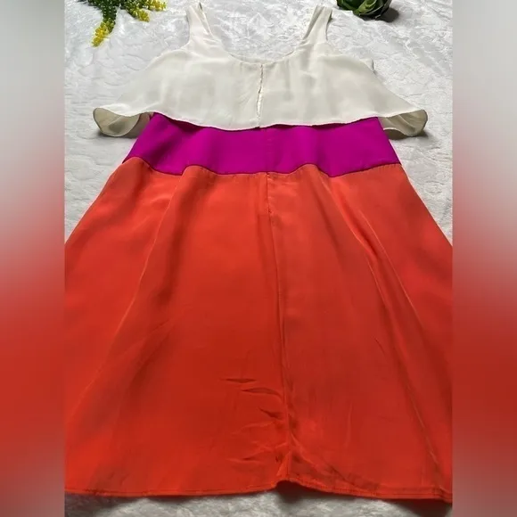 Parker Silk Colorblock Flounce Tiered Tank Mini Dress Cream Pink Orange Womens M
