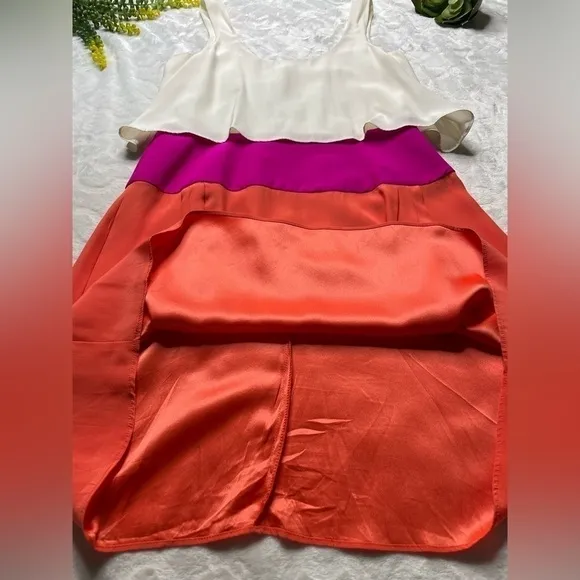 Parker Silk Colorblock Flounce Tiered Tank Mini Dress Cream Pink Orange Womens M