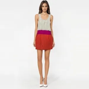 Parker Silk Colorblock Flounce Tiered Tank Mini Dress Cream Pink Orange Womens M
