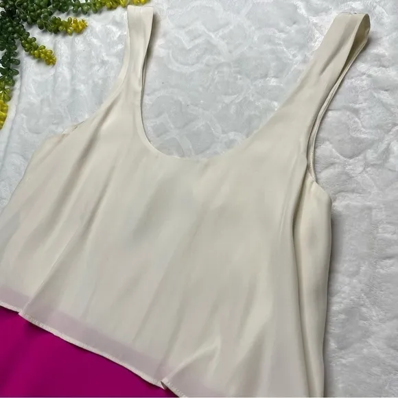 Parker Silk Colorblock Flounce Tiered Tank Mini Dress Cream Pink Orange Womens M
