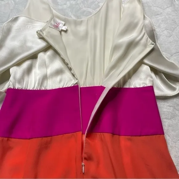 Parker Silk Colorblock Flounce Tiered Tank Mini Dress Cream Pink Orange Womens M