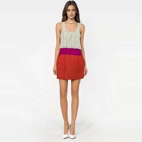 Parker Silk Colorblock Flounce Tiered Tank Mini Dress Cream Pink Orange Womens M