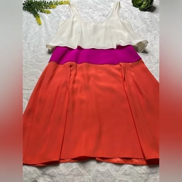 Parker Silk Colorblock Flounce Tiered Tank Mini Dress Cream Pink Orange Womens M