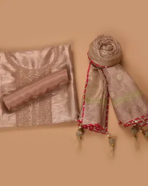 Peach Organza Tissue Blend Woven With Embroidery Unstitched Suit Fabric Set With Crushed Organza Woven Dupatta