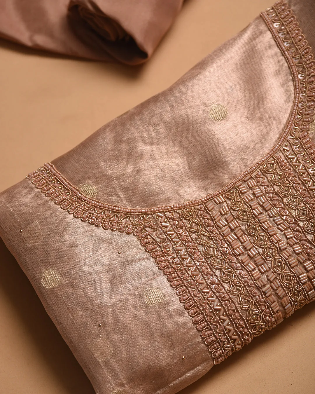 Peach Organza Tissue Blend Woven With Embroidery Unstitched Suit Fabric Set With Crushed Organza Woven Dupatta
