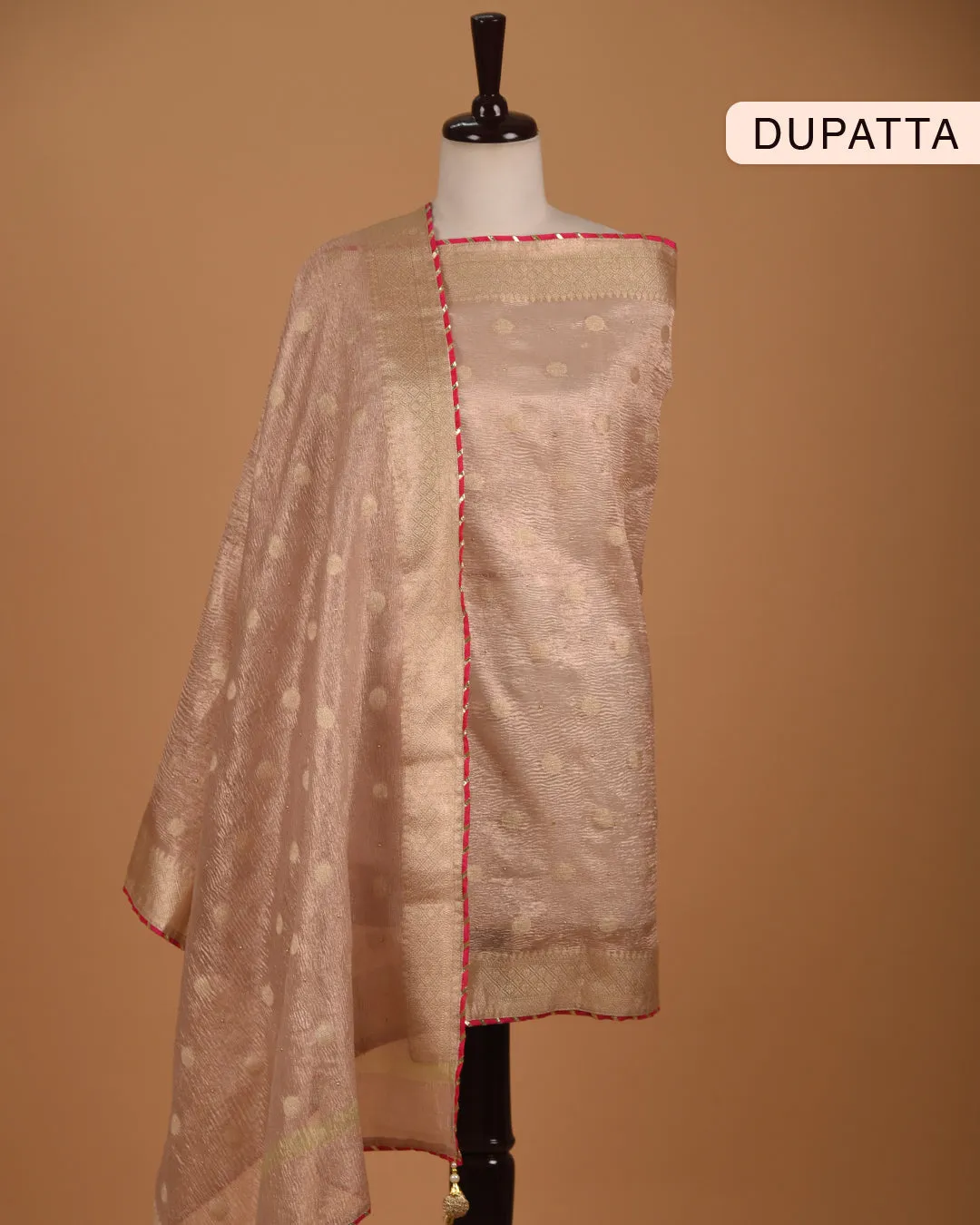 Peach Organza Tissue Blend Woven With Embroidery Unstitched Suit Fabric Set With Crushed Organza Woven Dupatta