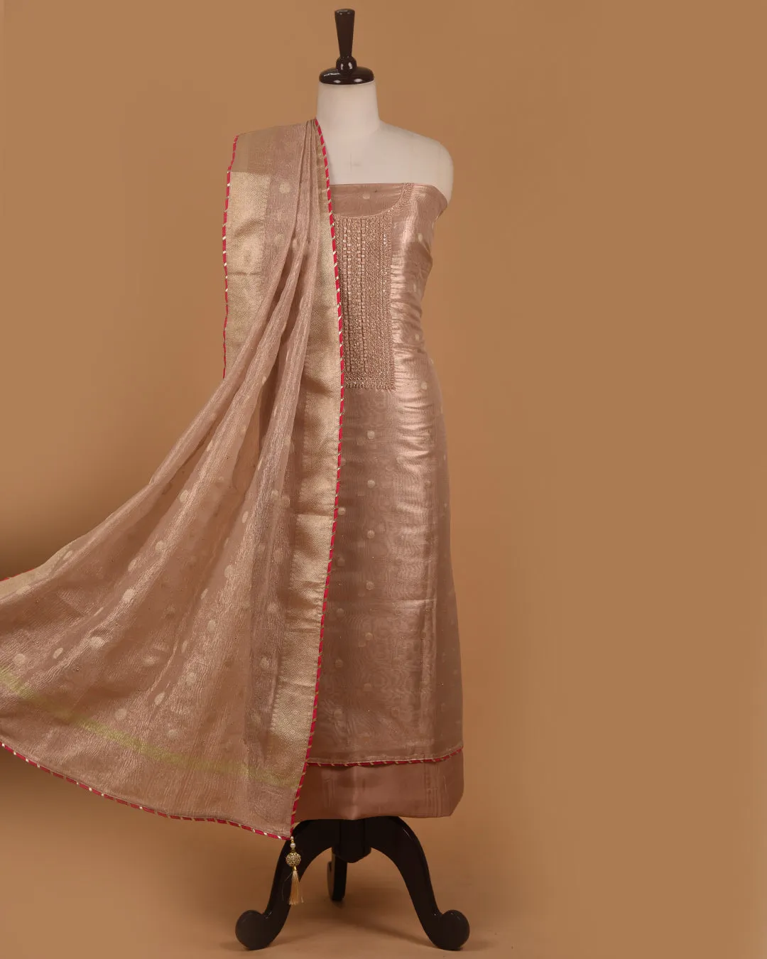 Peach Organza Tissue Blend Woven With Embroidery Unstitched Suit Fabric Set With Crushed Organza Woven Dupatta
