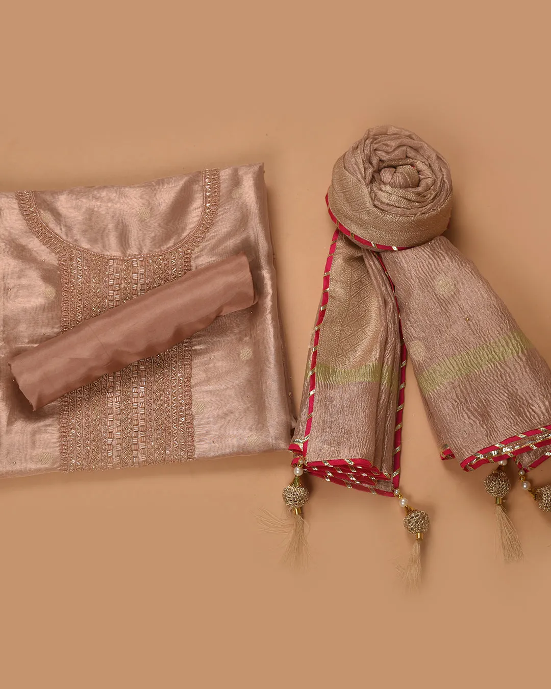 Peach Organza Tissue Blend Woven With Embroidery Unstitched Suit Fabric Set With Crushed Organza Woven Dupatta