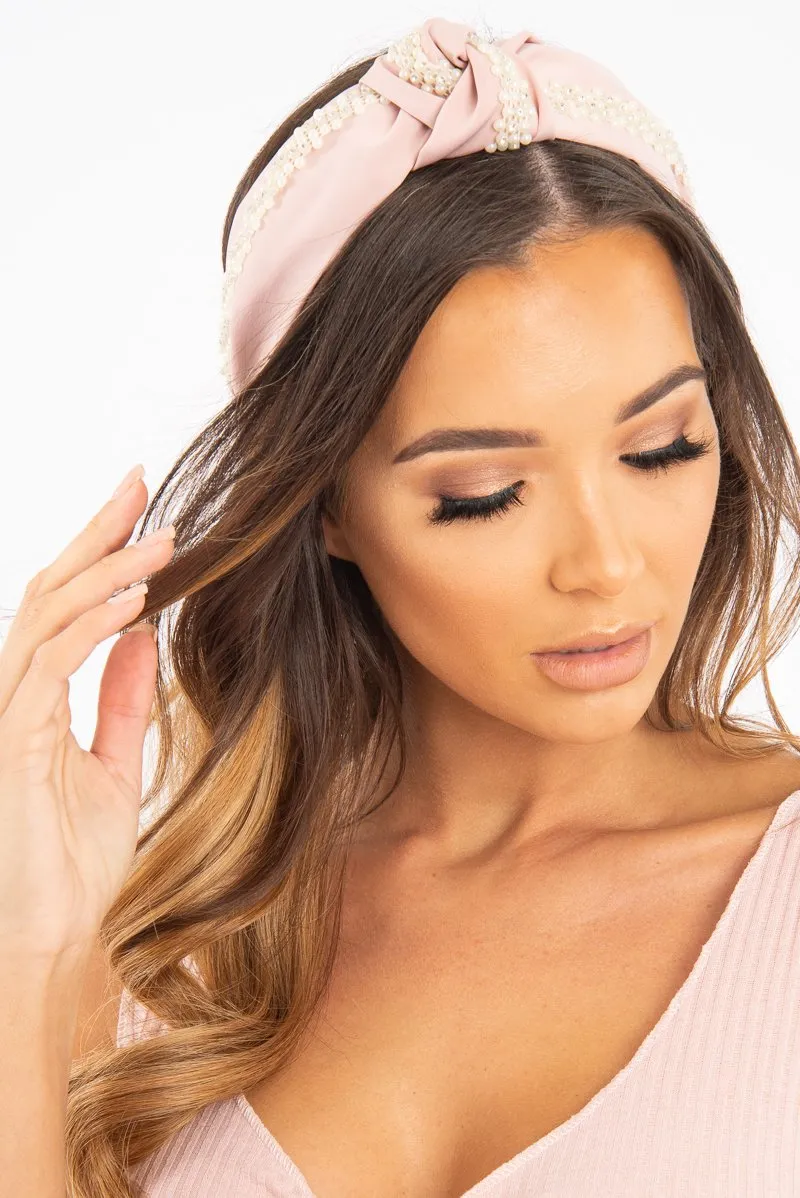 Pink Knotted Pearl Diamante Headband - Zyaria