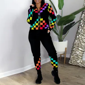 Plaid Print Colorblock Long Sleeve Zipper Design Hoodie Top & Pants Set