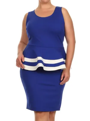 Plus Size Lovely Colorblock Peplum Blue Dress