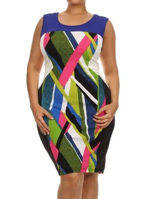 Plus Size Mod Art Strokes Blue Colorblock Dress