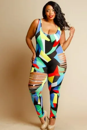 Plus Size Sliced Sexy Colorblock Jumpsuit