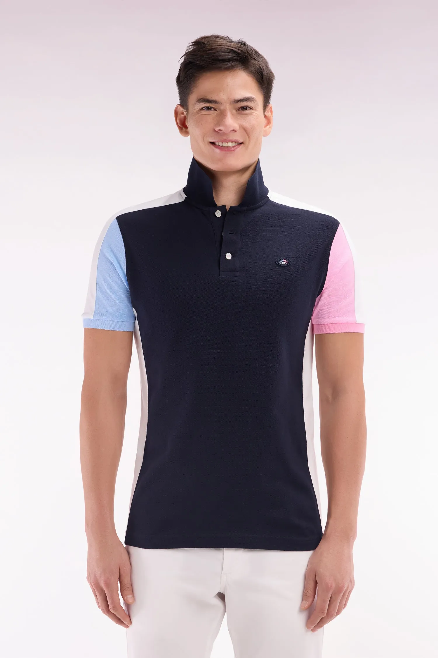 Polo à manches courtes colorblock en coton bleu marine coupe droite