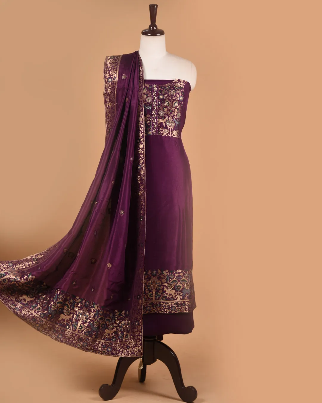 Purple Silk Viscose Blend Woven With Embroidery Unstitched Suit Fabric Set With Silk Woven Dupatta