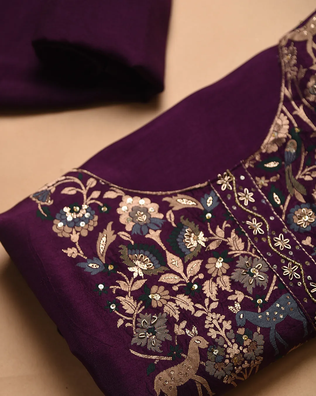 Purple Silk Viscose Blend Woven With Embroidery Unstitched Suit Fabric Set With Silk Woven Dupatta