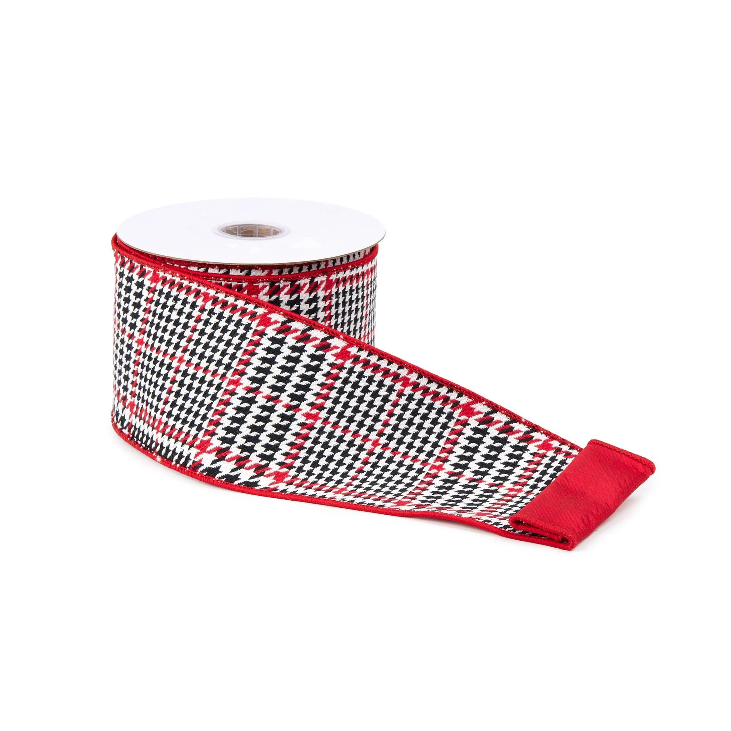 Red and Black Houndstooth Plaid Wired Ribbon 4" x 10yds