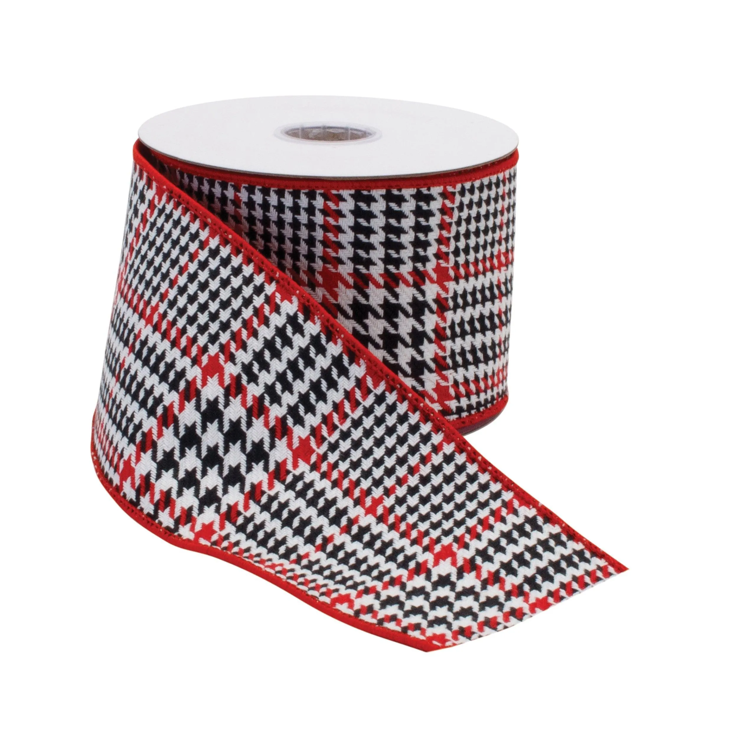Red and Black Houndstooth Plaid Wired Ribbon 4" x 10yds