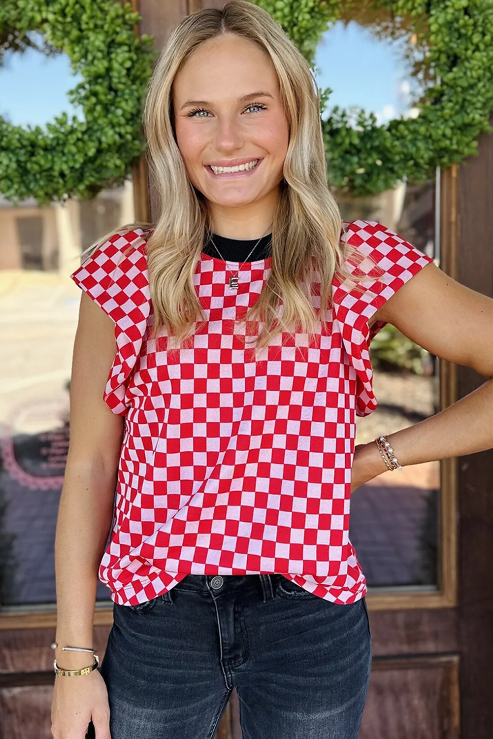 Red Checkerboard Flutter Sleeve Colorblock Round Neck Blouse