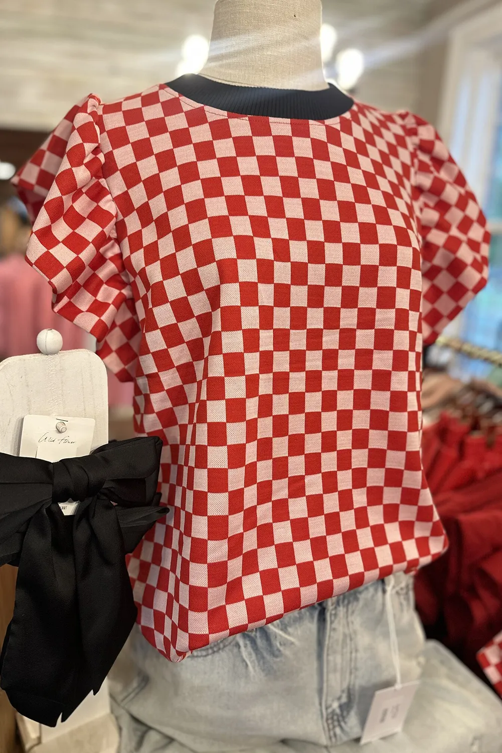 Red Checkerboard Flutter Sleeve Colorblock Round Neck Blouse