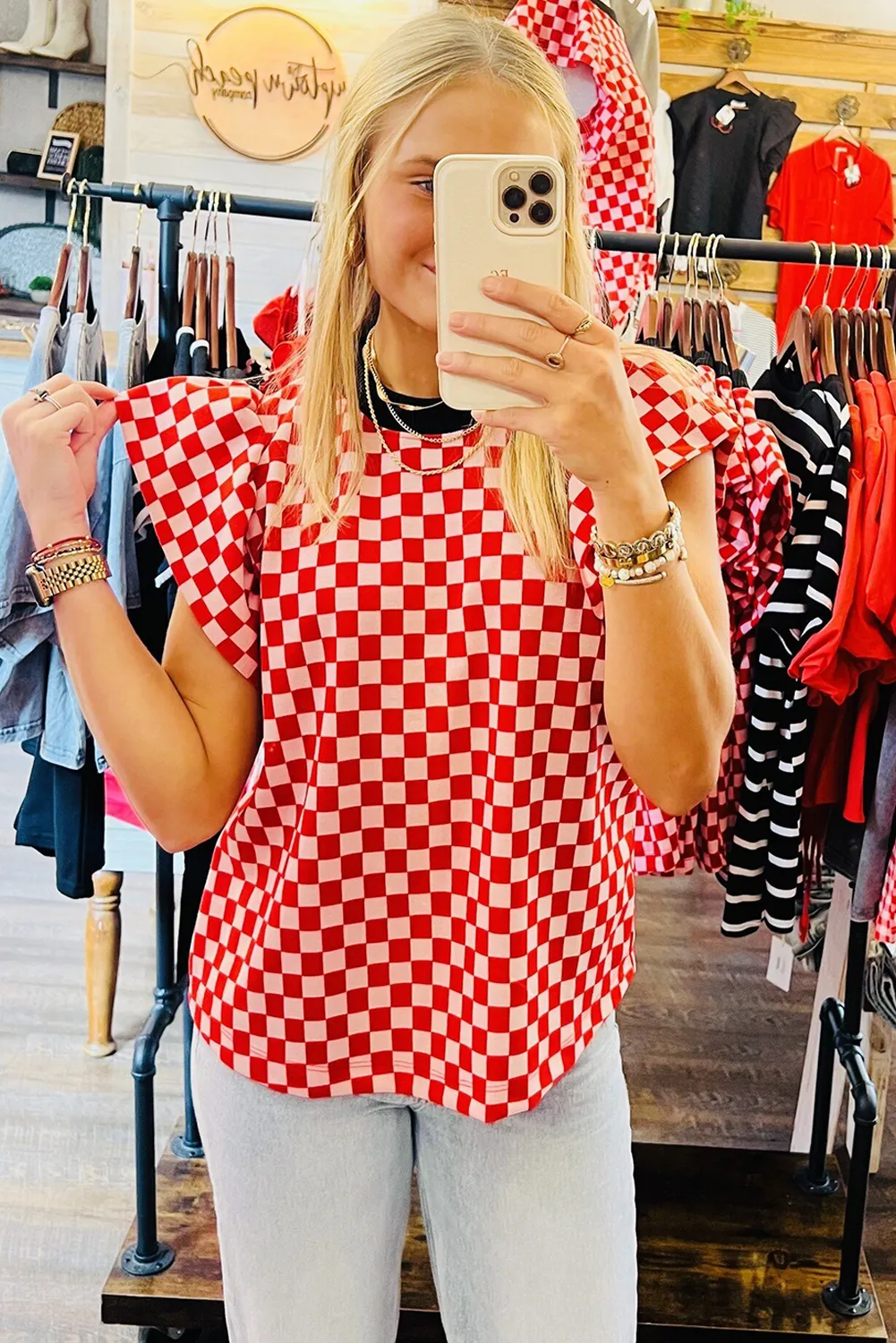 Red Checkerboard Flutter Sleeve Colorblock Round Neck Blouse
