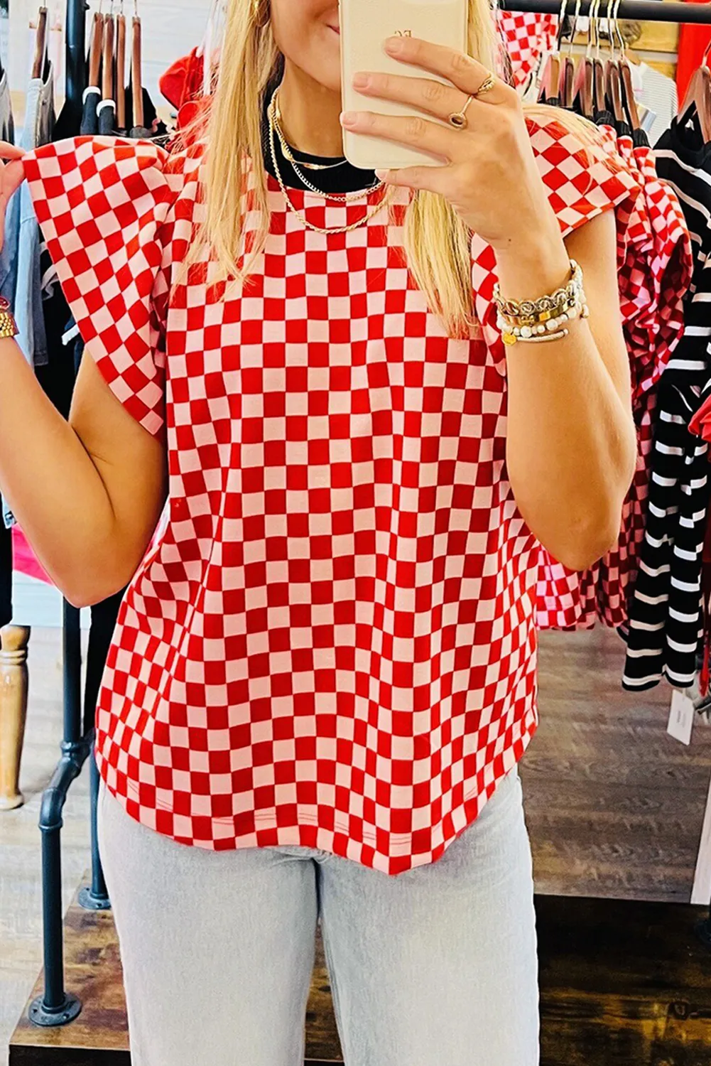 Red Checkerboard Flutter Sleeve Colorblock Round Neck Blouse