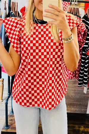 Red Checkerboard Flutter Sleeve Colorblock Round Neck Blouse