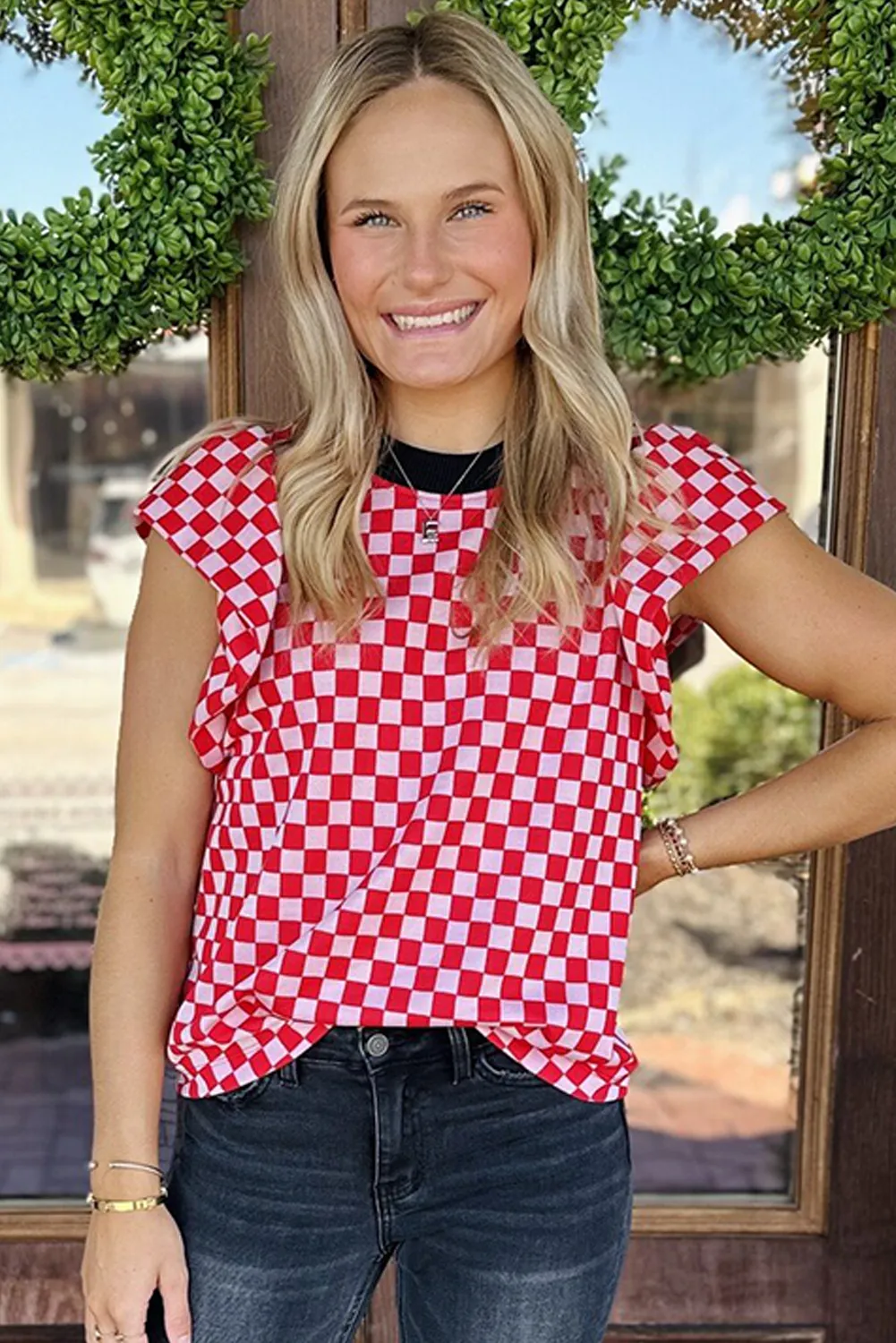 Red Checkerboard Flutter Sleeve Colorblock Round Neck Blouse