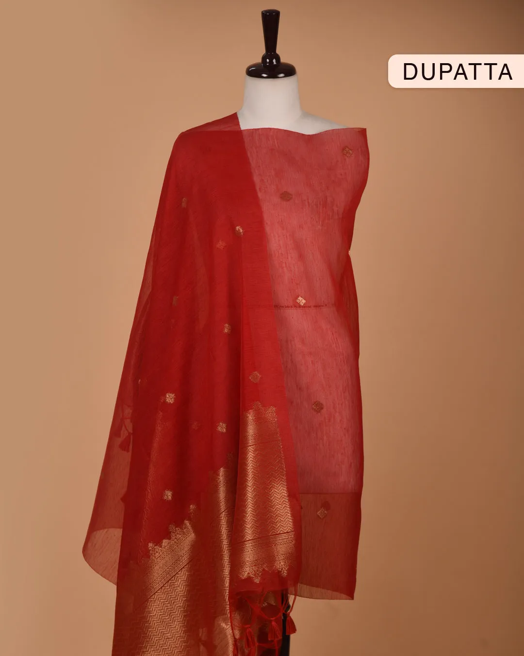 Red Linen Silk Blend Woven Unstitched Suit Fabric Set With Linen Silk Blend Woven Dupatta