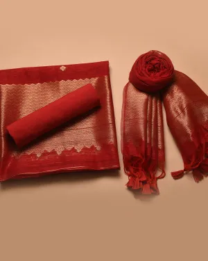 Red Linen Silk Blend Woven Unstitched Suit Fabric Set With Linen Silk Blend Woven Dupatta
