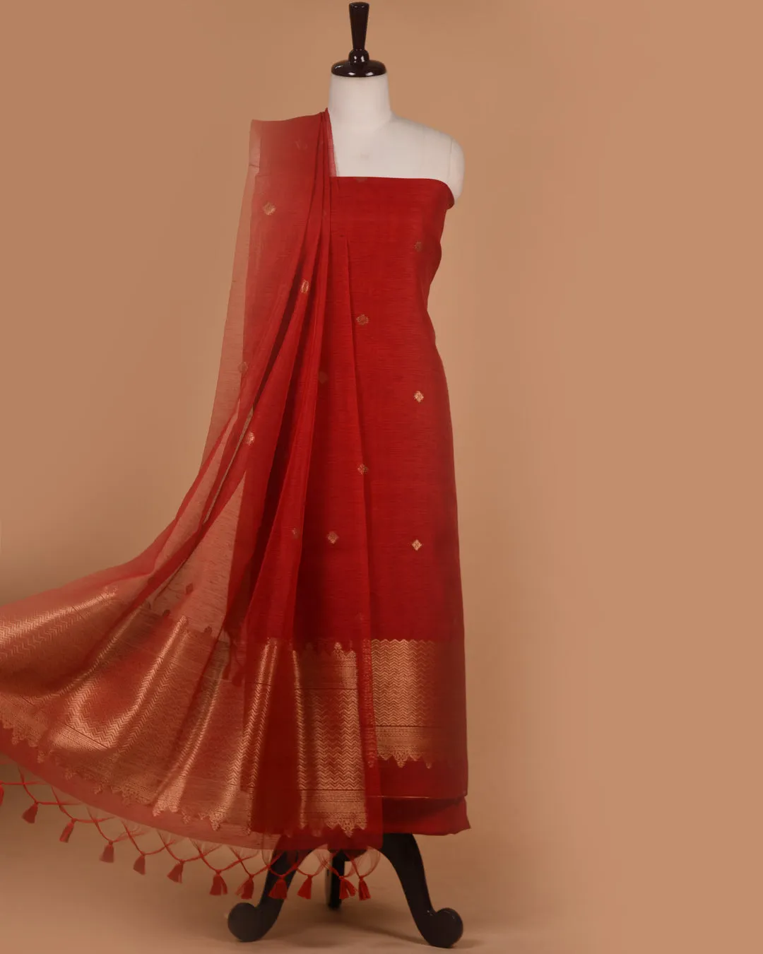 Red Linen Silk Blend Woven Unstitched Suit Fabric Set With Linen Silk Blend Woven Dupatta