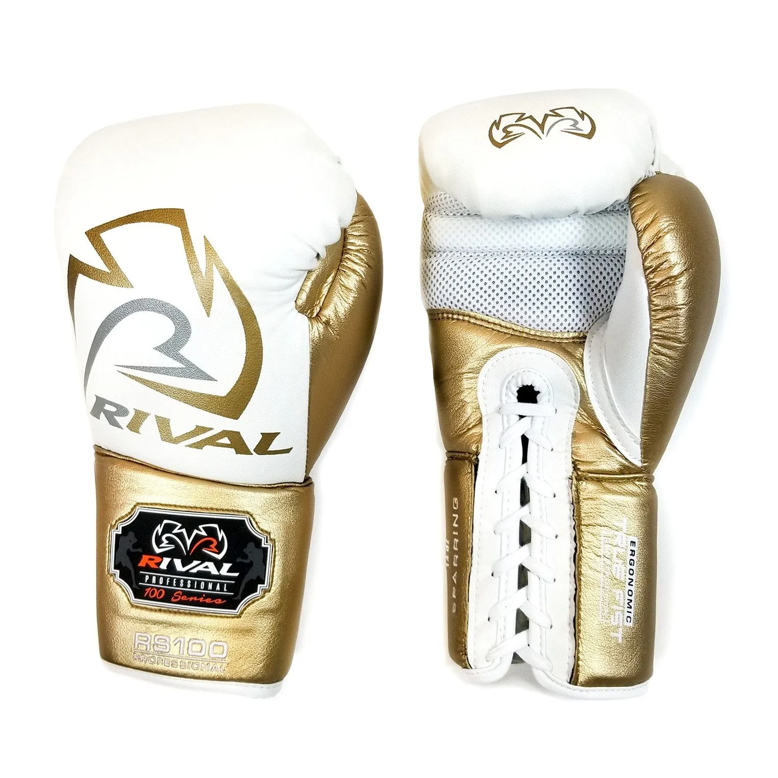 Rival Boxing RS100 Professional Sparring Lace-Up Gloves White/Gold