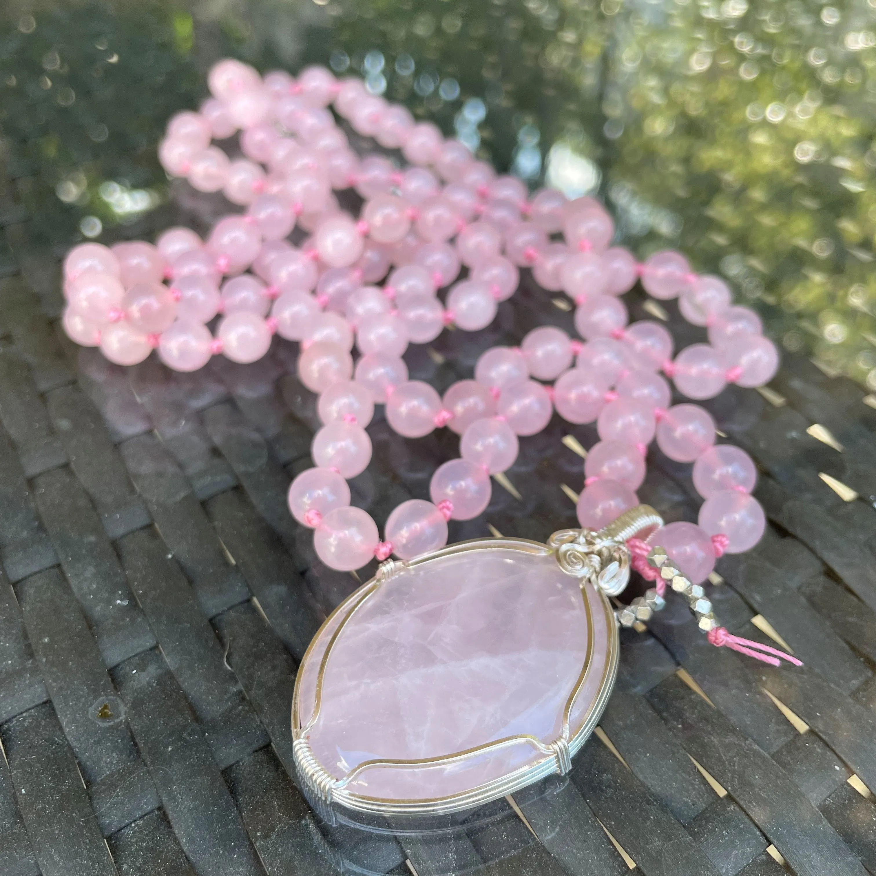 Rose Quartz Silver Wrapped Pendant on Rose Quartz Mala