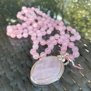 Rose Quartz Silver Wrapped Pendant on Rose Quartz Mala