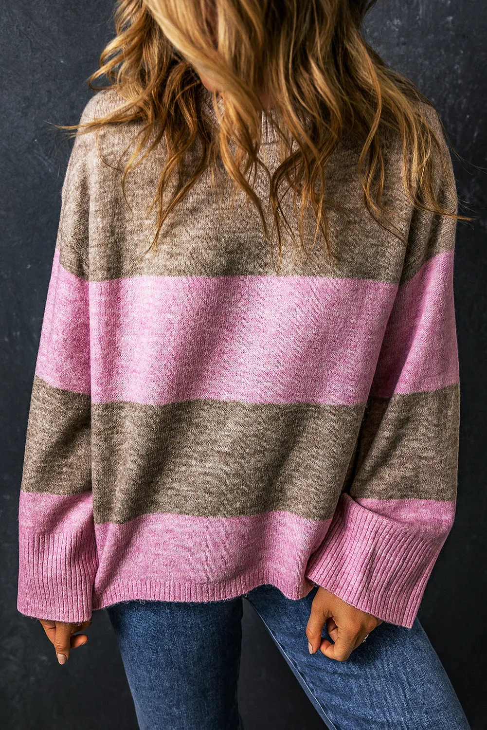 Rose Stripe Crew Neck Wide Sleeve Colorblock Sweater