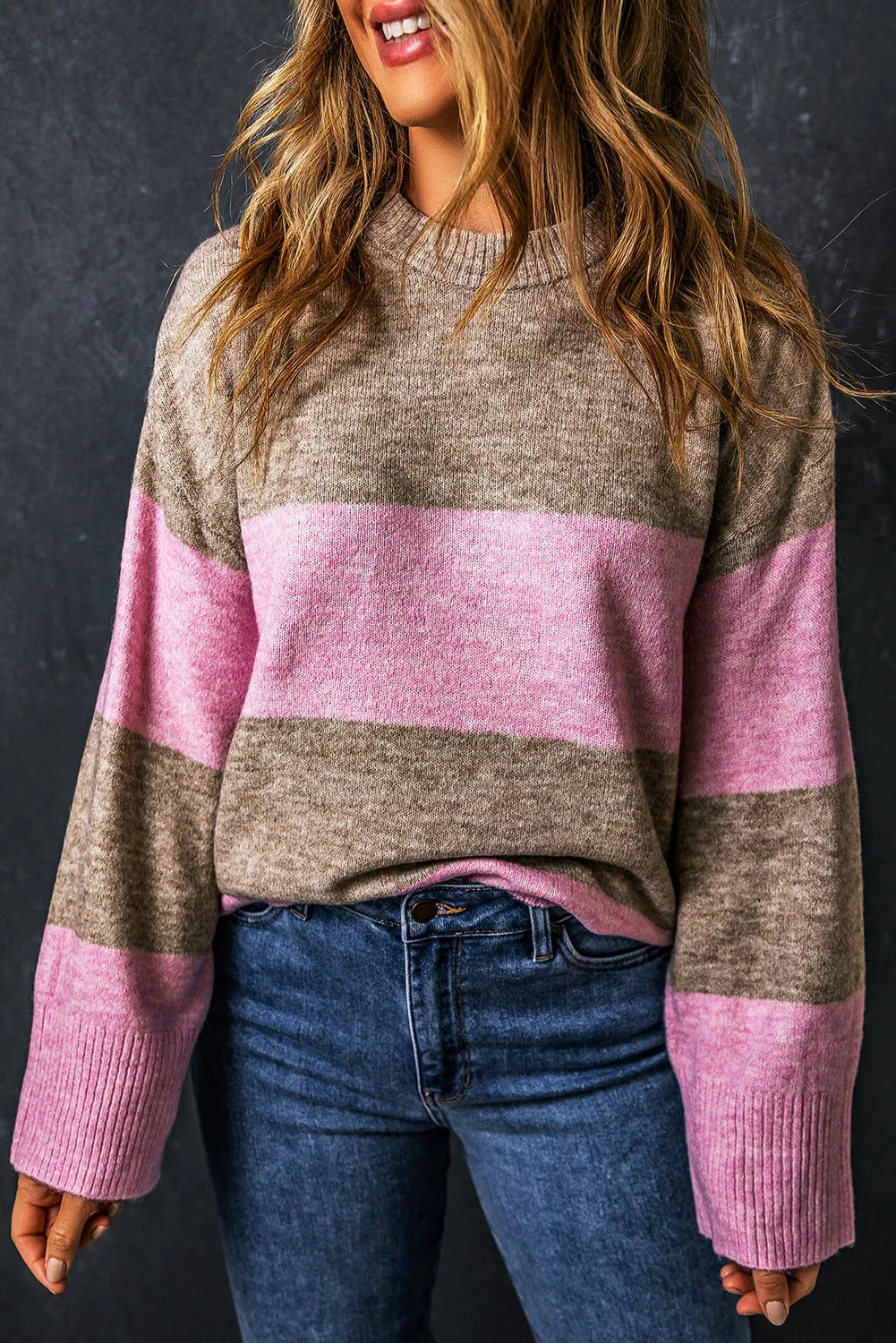 Rose Stripe Crew Neck Wide Sleeve Colorblock Sweater