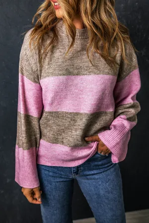 Rose Stripe Crew Neck Wide Sleeve Colorblock Sweater