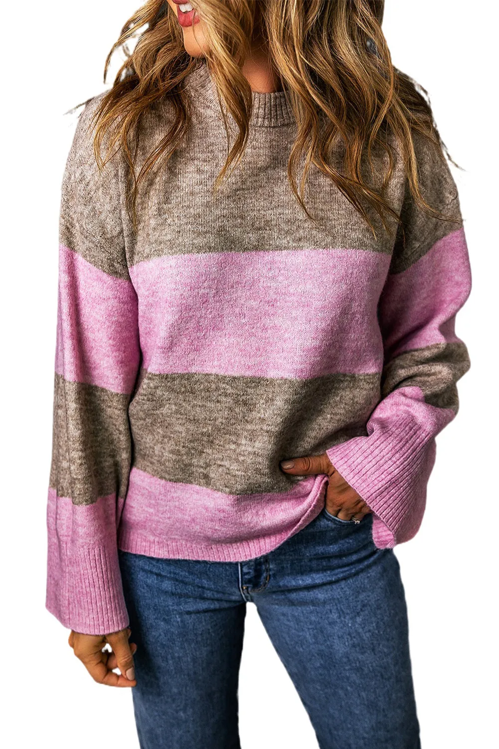 Rose Stripe Crew Neck Wide Sleeve Colorblock Sweater