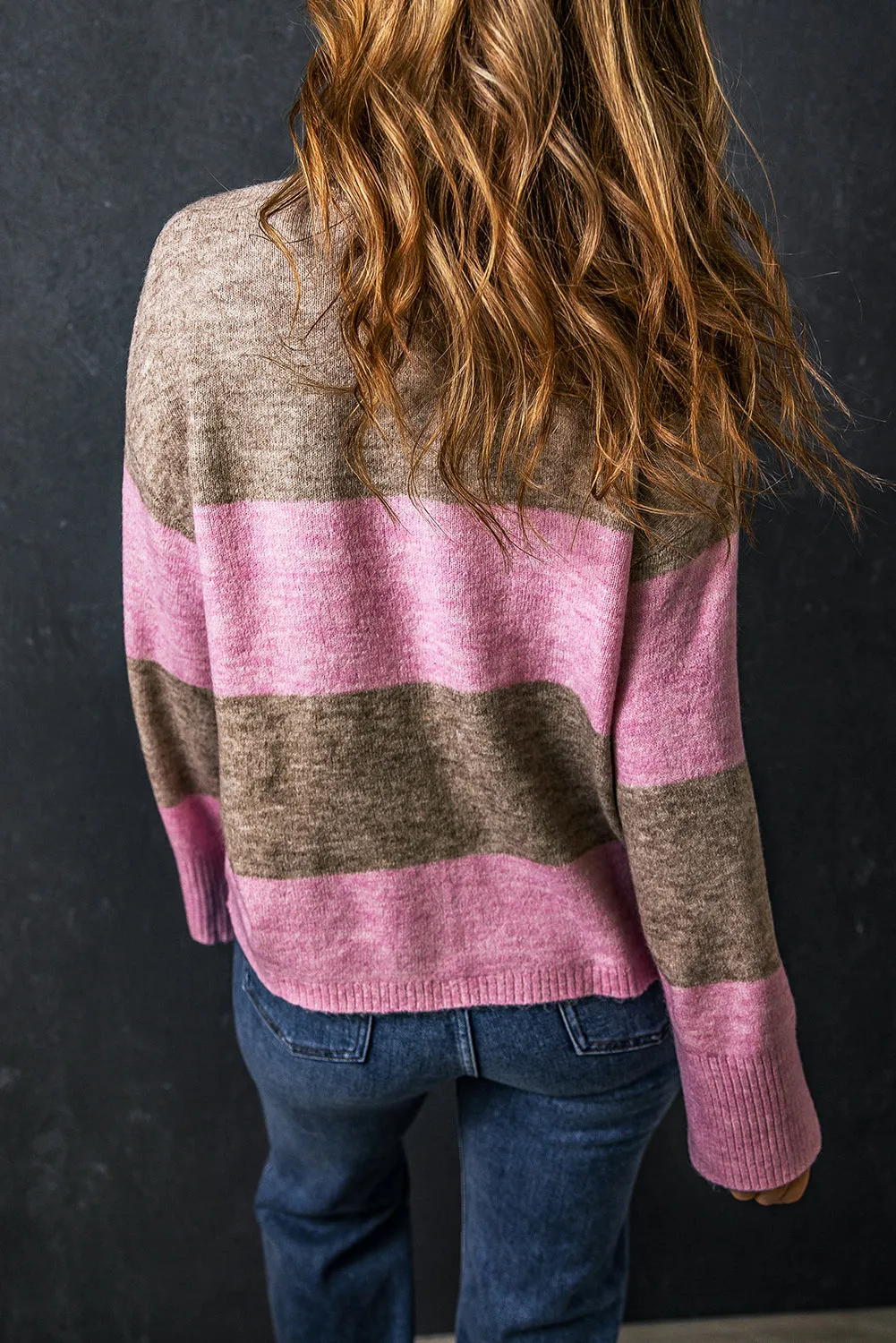 Rose Stripe Crew Neck Wide Sleeve Colorblock Sweater
