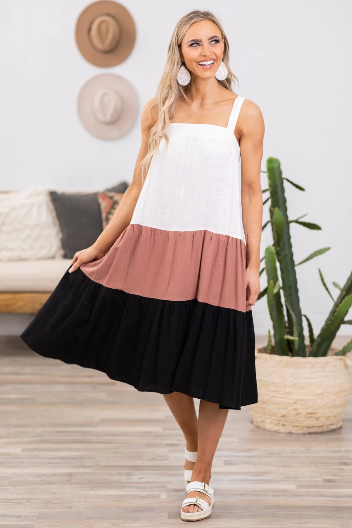 Rust and White Colorblock Midi Dress