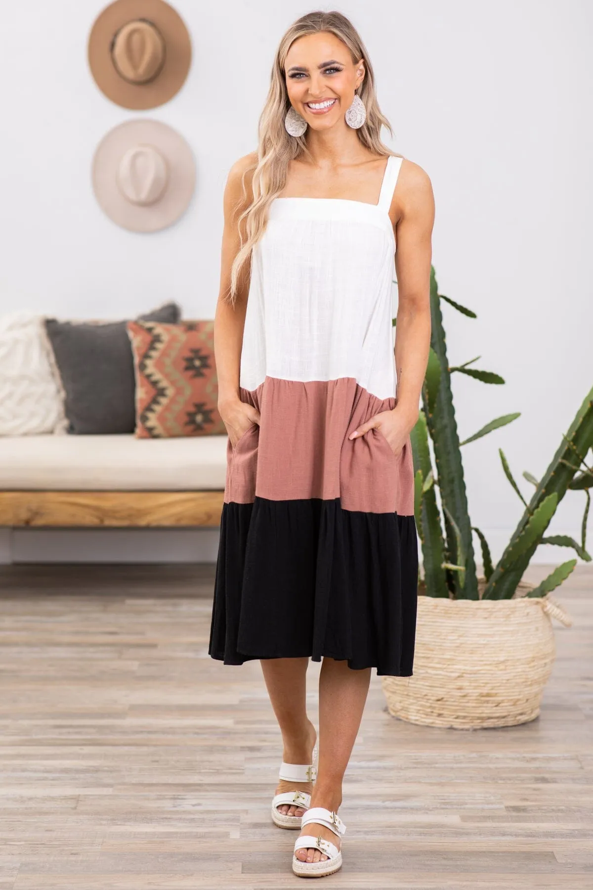 Rust and White Colorblock Midi Dress